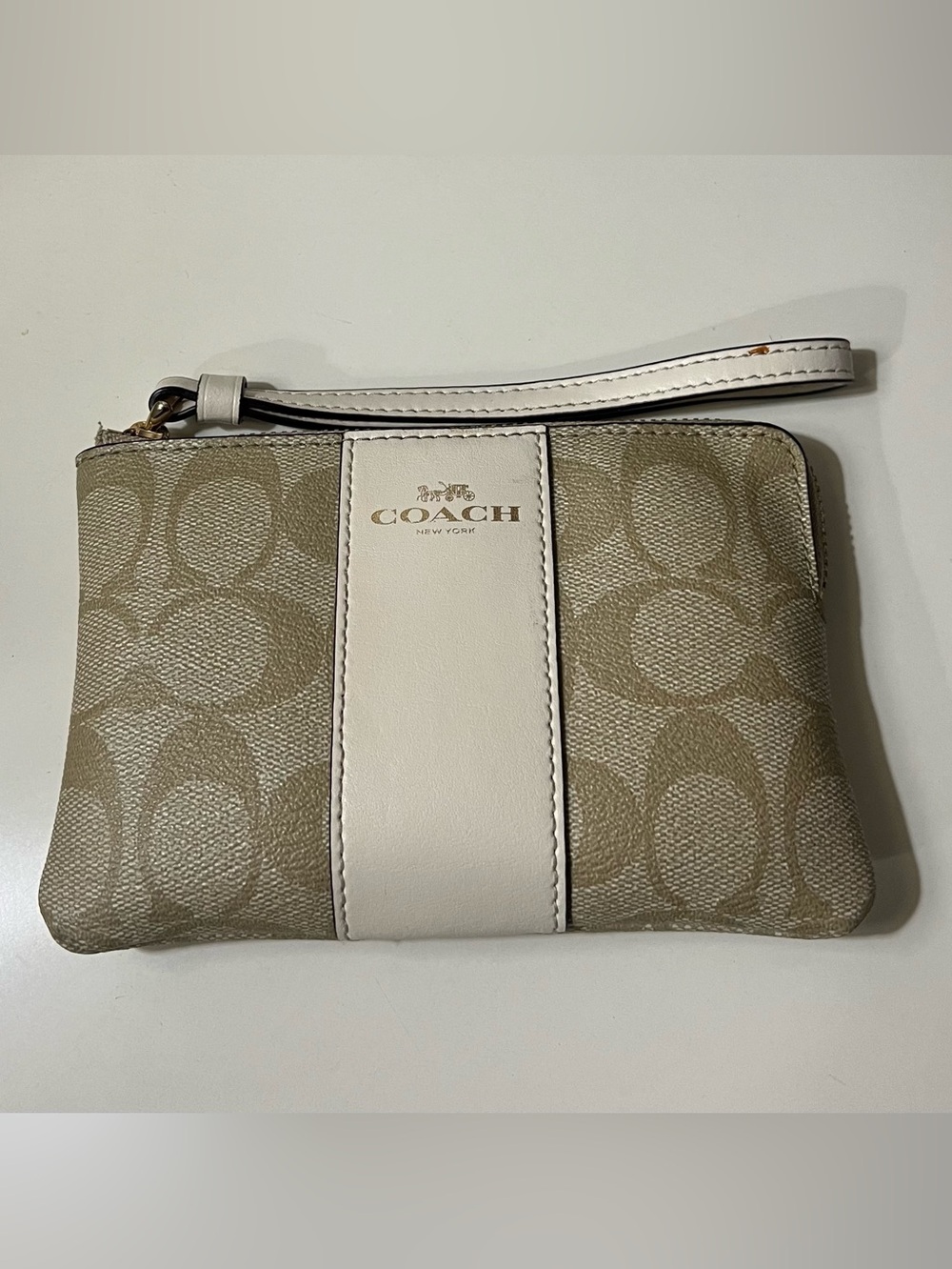 Coach Khaki Signature Canvas Wristlet with Chalk Stripe